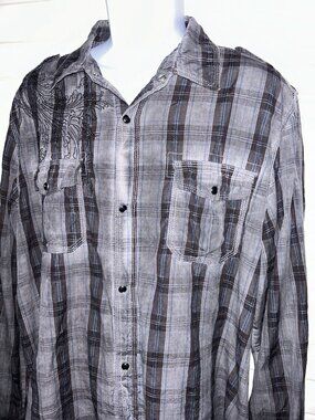 Buckle Pop Icon Sz XXL Pearl Snap Shirt Gray Plaid Mens Embroidered Cotton EUC